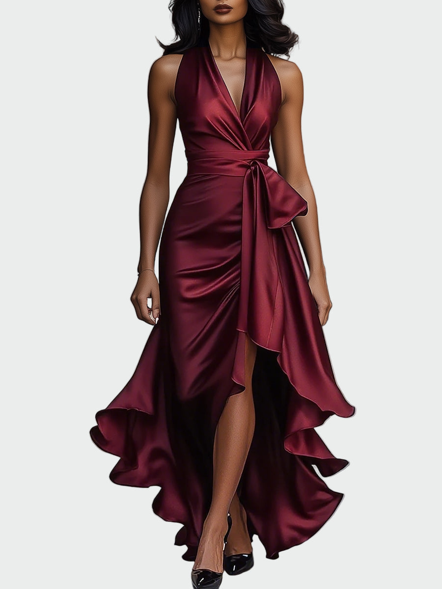 Σατέν Φόρεμα με Δέσιμο στον Λαιμό και Βολάν