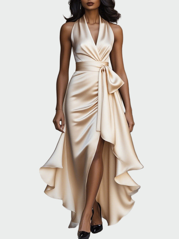 Σατέν Φόρεμα με Δέσιμο στον Λαιμό και Βολάν