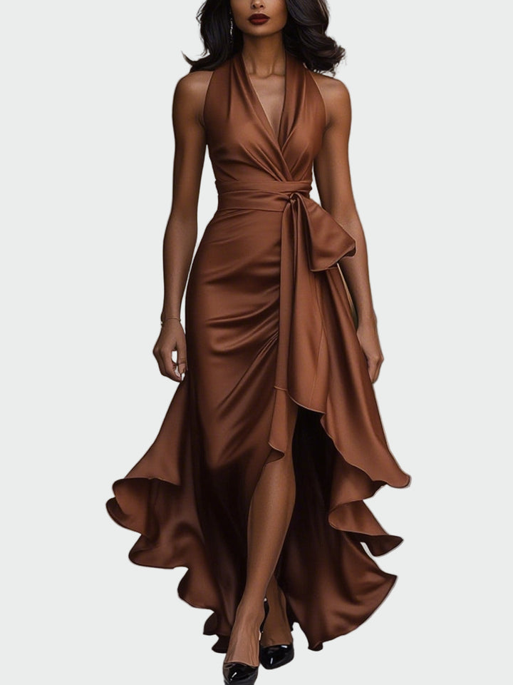 Σατέν Φόρεμα με Δέσιμο στον Λαιμό και Βολάν