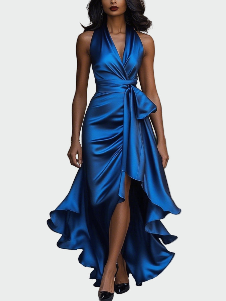 Σατέν Φόρεμα με Δέσιμο στον Λαιμό και Βολάν
