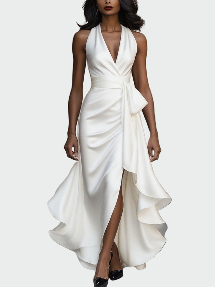 Σατέν Φόρεμα με Δέσιμο στον Λαιμό και Βολάν