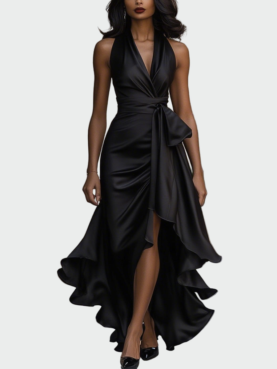 Σατέν Φόρεμα με Δέσιμο στον Λαιμό και Βολάν