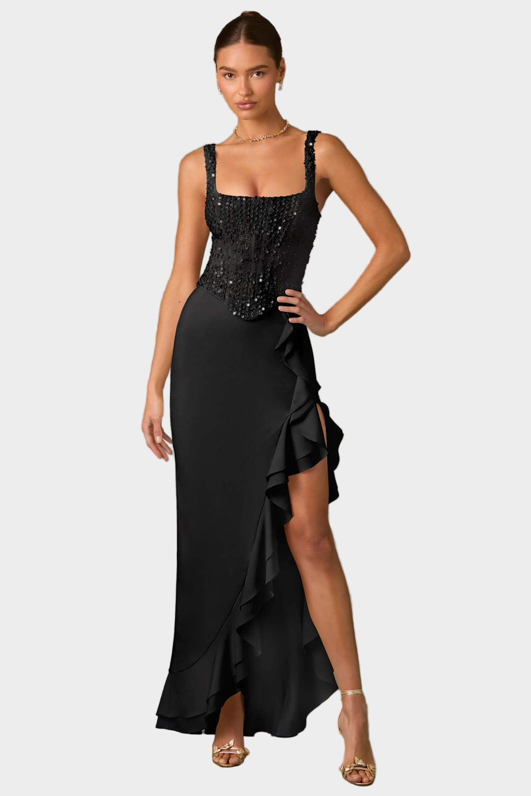 Σατέν κορσέ φόρεμα με βολάν