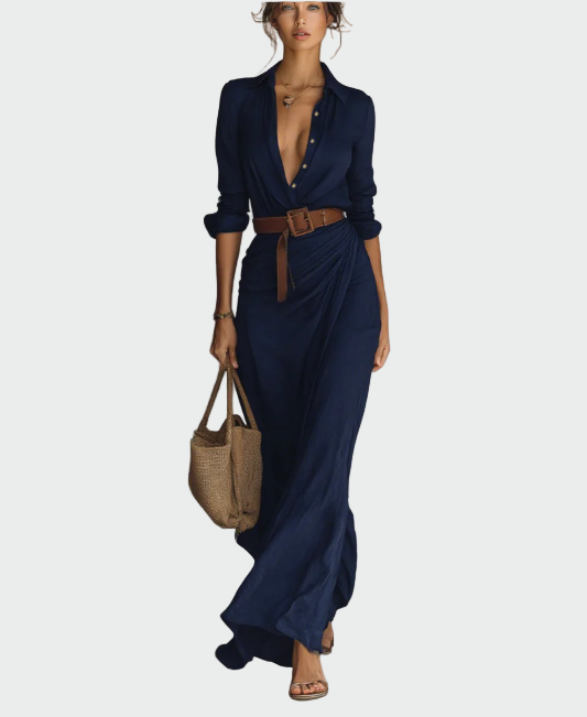 Μάξι Μακρύ Φόρεμα με Γιακά Ριβέρ