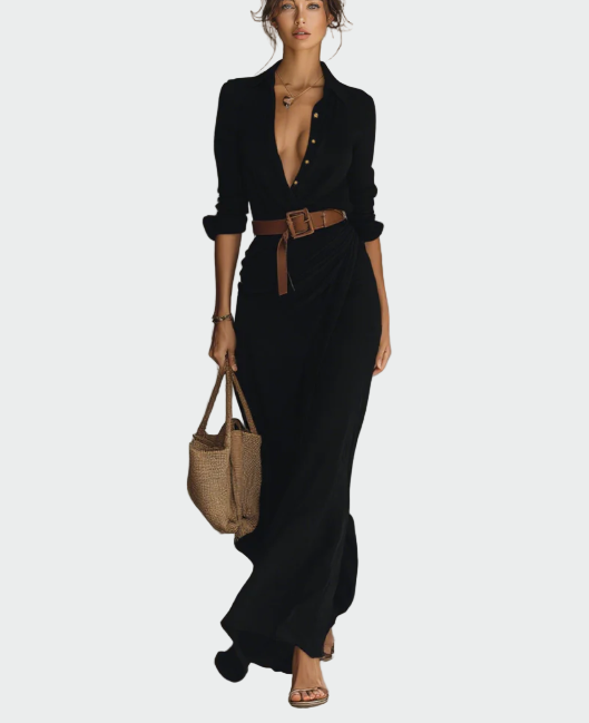 Μάξι Μακρύ Φόρεμα με Γιακά Ριβέρ