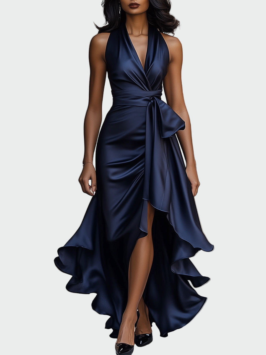 Σατέν Φόρεμα με Δέσιμο στον Λαιμό και Βολάν