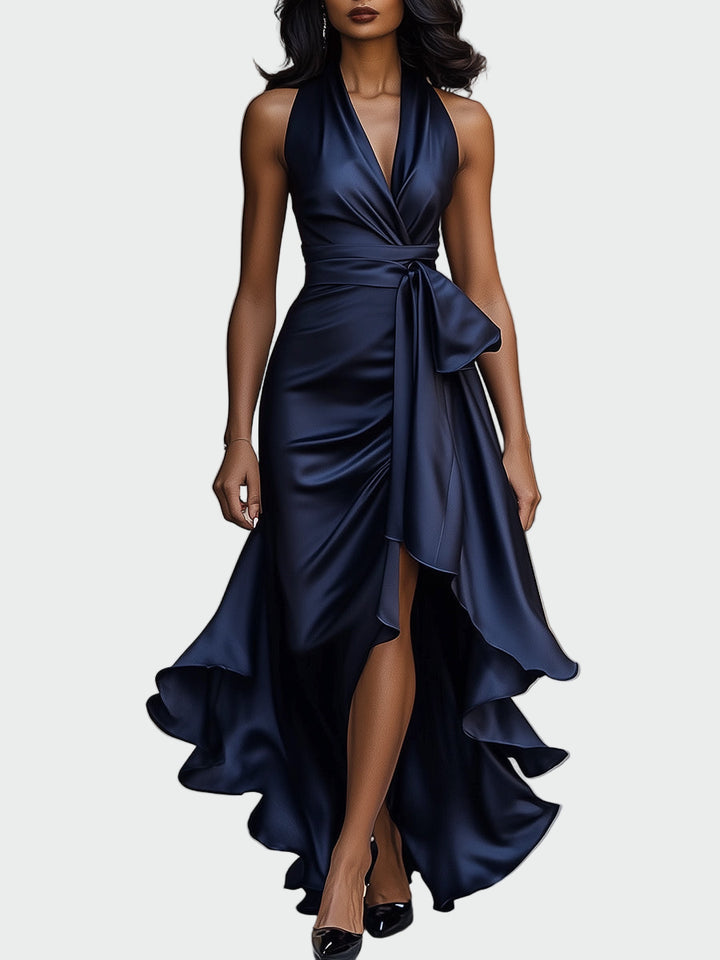 Σατέν Φόρεμα με Δέσιμο στον Λαιμό και Βολάν