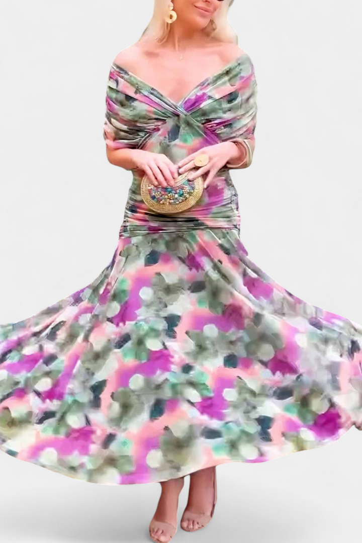 Μακρύ Φόρεμα με Φλοράλ Σχέδιο και V Ντεκολτέ