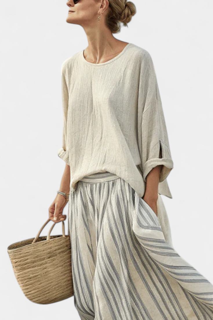Σύνολο Casual Daisy με Oversize Μπλούζα και Midi Φούστα με Ρίγες από Λινό Μπαμπού για Ένα Κομψό και Άνετο Στυλ