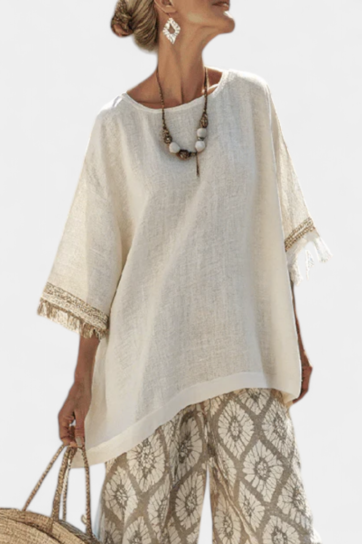 Σύνολο Boho Chic Daisy: Μακριά Μπλούζα και Εκτυπωμένα Παντελόνια για Μοναδικό Στυλ