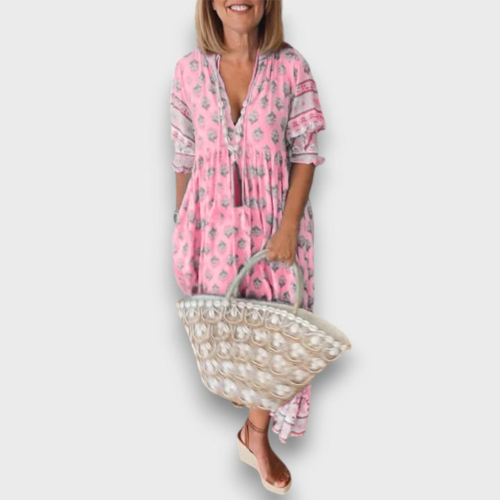 Αέρινο Φόρεμα Boho με Μανίκια 3/4 και Λαιμόκοψη με Κορδόνια