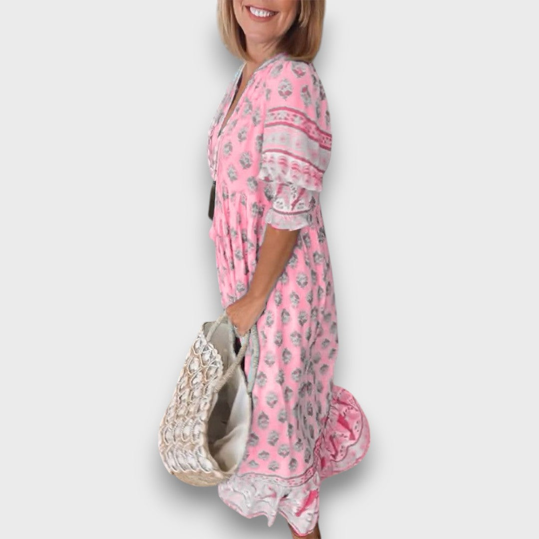 Αέρινο Φόρεμα Boho με Μανίκια 3/4 και Λαιμόκοψη με Κορδόνια