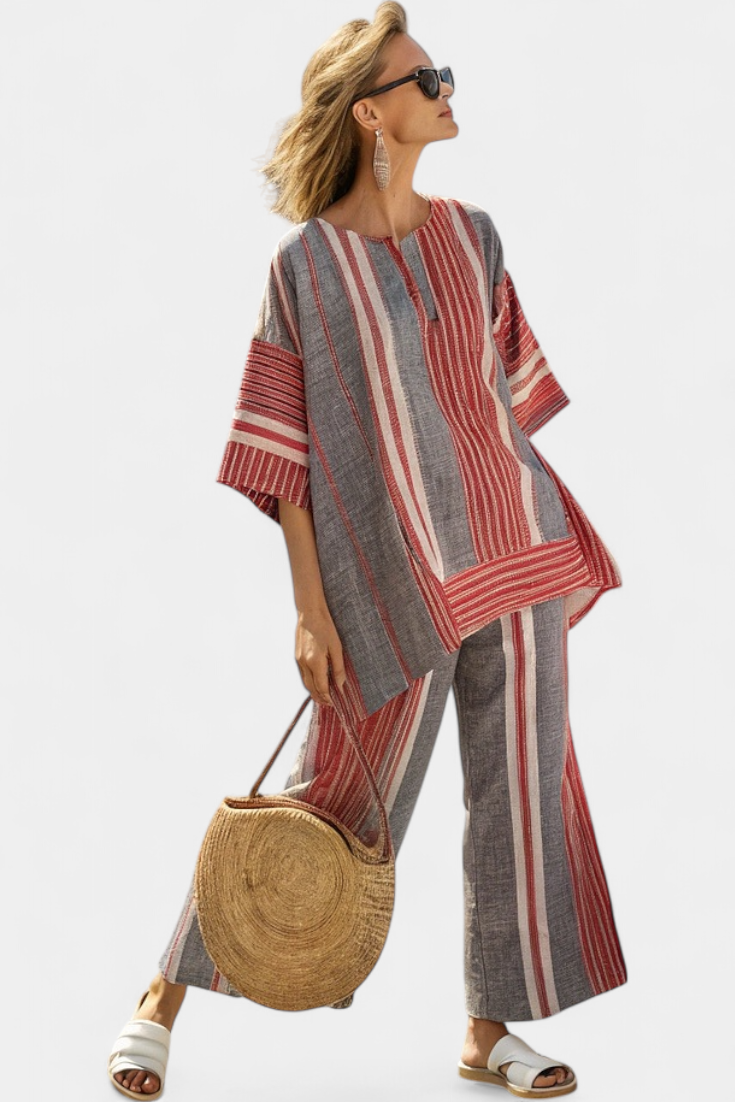 Σαλοπέτα Oversize Daisy σε Λινό με Ριγέ Κόκκινα Κοραλλί και Γκρι, Μοντέρνα και Άνετη Στιλ