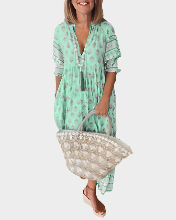Boho Φόρεμα με Άνετη Γραμμή και Φουσκωτά Μανίκια